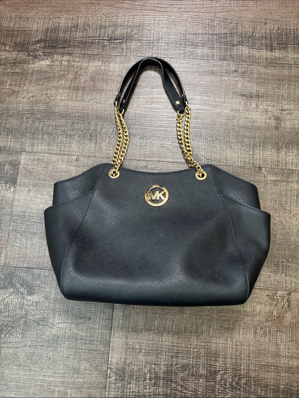 Michael Kors Jet set Black Leather Tote with Gold Chain Straps